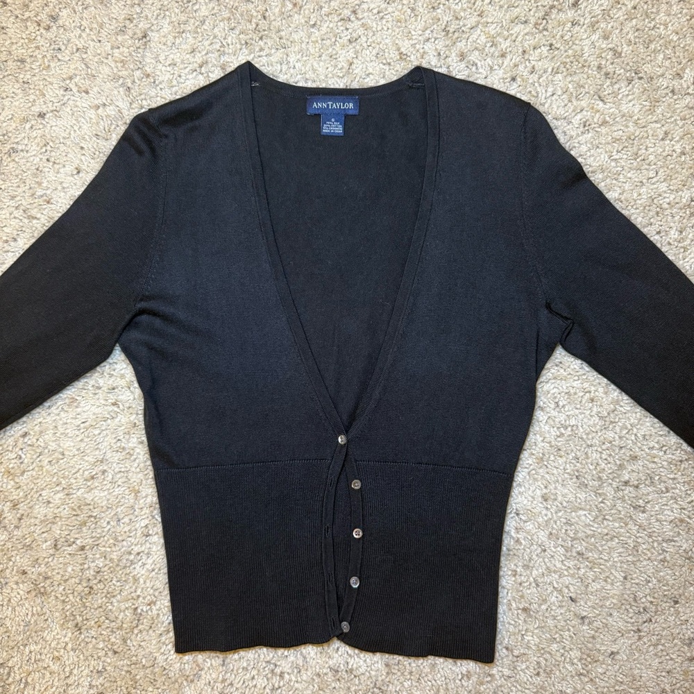 Ann Taylor Silk Cotton Cashmere Blend Black Deep V Button Up Cardigan Sweater